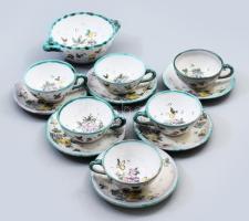 Gosztonyi Mária (1893-1989): Virágmintás 6 darab csésze alátéttel és cukortartó készlet. Színes mázakkal festett kerámia. Jelzett, 1-1 mázhibával, d: 12 cm