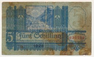Ausztria 1927. 5Sch "1028 639965" T:VG, pici anyaghiány, folt
Austria 1927. 5 Schilling &...
