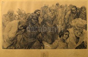 Azonosítatlan jelzéssel: Az elszántak. Litográfia, papír, jelzett, kis nyomattal is jelzett 19x34 cm