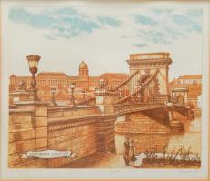 Gaál Domokos (1940-2009): Lánchíd, rézkarc, papír, jelzett, számozott (32/50), üvegezett fakeretben,...