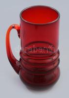 Rubinszínű hutaüveg füles korsó, hibátlan, m: 19 cm