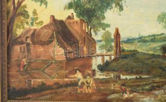 Jelzés nélkül: Táj, romokkal és alakokkal. Olaj, vászon, sérült keretben Hátoldalán régi Bizományi c...