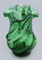 Zöld fújt üveg váza, formált üveg rátétekkel, hibátlan, m: 19 cm