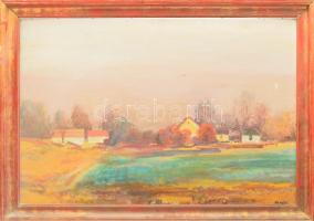 fj. Keleti Jenő (1943-1999): Házak. Olaj, farost, jelzett, hátoldalán autográf felirattal, fakeretben, 40x60 cm