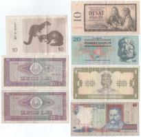 Csehszlovákia 1960. 10K + 1970. 20K + Románia 1966. 10L (2x) + Litvánia 1991. 10T + Ukrajna 1992. 1H + 2000. 10H T:F,VG, közte szép papír Czechoslovakia 1960. 10 Korun + 1970. 20 Korun + Romania 1966. 10 Lei (2x) + Lithuania 1991. 10 Talonas + Ukraine 1992. 1 Hryvnia + 2000. 10 Hryven C:F,VG, including fine paper