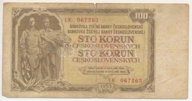 Csehszlovákia 1953. 100K "UK 067263" T:VG, kis szakadás Czechoslovakia 1953. 100 Korun "UK 067263" C:VG, small tear Krause P#86