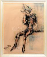 Olvashatatlan jelzéssel: A fáradt komédiás. tempera, karton. Jelzett, keretben. 62x48 cm