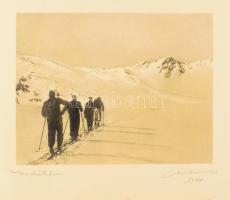 1934 Orphanidesz János (1876-1939): Alpokban sífutók. jelzett vintage fotóművészeti alkotás, művészfólián másolva, ezüst zselatinos fotópapíron, képméret 17x23 cm, papírméret 28x38 cm