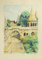 Kovács Ernő (1940-): Halászbástya. Akvarell, papír. Jelezve jobbra lent, hátoldalán autográf felirattal. 27x20 cm