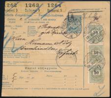 1898 Csomagszállító 3 csomagról Budapestről Erfurtba 30kr hármascsík bérmentesítéssel