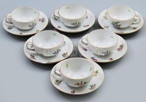Herendi virágmintás 6 darab kávés csésze alátéttel. Jelzett, 2 alátéten lepattanással, d: 12 cm
