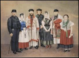 cca 1861 Tiedge János pesti fényképész felvétele, kézzel színezve (Zala megyei viseletek), 1 db modern nagyítás, jelzés nélkül, a fotót bemutatták 1862-ben, a Londonban megrendezett Ipari és Művészeti Világkiállításon, 15x21 cm