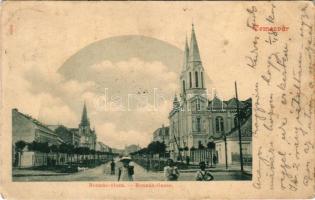 1901 Temesvár, Timisoara; Józsefváros, Bonnáz utca, zárdatemplom, vasútállomás / Iosefin, street view, church, railway station (kis szakadások / small tears)