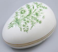Hollóházi zöld virágmintás tojás alakú bonbonier, jelzett, h: 14,5 cm