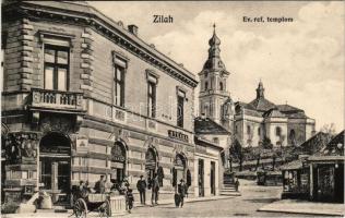 Zilah, Zalau; Református templom, Duna biztosító társaság főügynöksége, M. kir. dohányáruda és bélyegváltó, postaláda, fűszerkereskedés, Székely, Stern R. üzlete. Seres Samu kiadása / Calvinist church, insurance company, stamp and tobacco store, mailbox, shops (r)