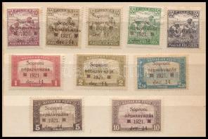 Nyugat-Magyarország VIII. 1921 Sor 10 db klf bélyege hármas lyukasztással, a 3,50K hiányzik, Bodor vizsgálójellel (3,50K missing)