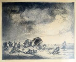 Csóka István (1897-1989): Menekülés. rézkarc, papír, jelzett, üvegezett fakeretben, 30x38 cm