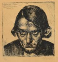 Aba-Novák Vilmos (1894-1941): Kraszna Kulcsár József arcképe, 1924. Rézkarc, papír, jelzett, sorszámozott (12/50) ajándékozási sorokkal (Ajándékom a Városmajori művésztelep fiatal kollégáinak). Üvegezett, sérült fakeretben. 13x13 cm