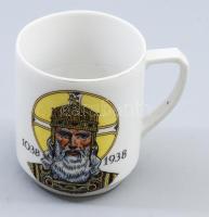 1938 Drasche díszpohár Szent István ábrázolásával, jelzett, kis repedésvonallal, m: 9 cm