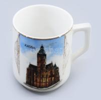 Zsolnay Kassa emlék bögre, jelzett, sérüléssel, m: 9 cm