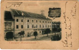 Kolozsvár, Cluj; Az Unió épület. Az erdélyi országgyűlés itt határozta el az unió létesítését Magyarországgal 1848. május 30-án. Kolozsvári zenekonzervatórium, Klein Ferenc üzlete. Dunky Fivérek cs. és kir. udvari fényképészek / Union building, the Transylvanian Parliament declared the union of Transylvania with Hungary here on May 30, 1848. Street with shops and music conservatory (gyűrődések / creases)