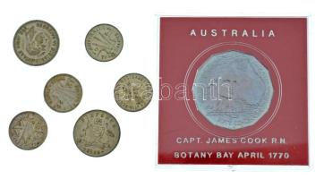 Ausztrália 1951. 6p Ag "VI. György" + 1956-1963. 3p Ag "II. Erzsébet" (2xklf,4db) + 1961. 6p Ag "II. Erzsébet" + 1970. 50c Cu-Ni "Cook kapitány / II. Erzsébet" emlékérme műanyag tokban T:UNC-VF, patina Australia 1951. 6 Pence Ag "George VI" + 1956-1963. 3 Pence Ag "Elizabeth II" (2xdiff,4pcs) + 1961. 6 Pence Ag "Elizabeth II" + 1970. 50 Cents Cu-Ni "Captain Cook / Elizabeth II" circulating commemorative coin in plastic case C:UNC-VF, patina Krause KM#45, KM#57, KM#58, KM#69