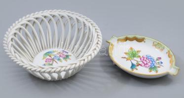Herendi VBO mintás hamuzó, jelzett, 11,5x7,5 cm + VBO mintás fonott tálka, kis repedéssel, d: 13 cm