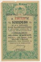 Budapest 1928. "50. Jubileumi Magyar Királyi Állami Sorsjáték" fél sorsjegy 1P értékben, "Ducat Bank és Kereskedelmi Részvénytársaság" T:F hajtatlan, de két helyen anyaghiány