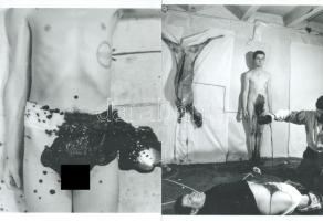 cca 1965 Herman Nitsch (1938-2022) osztrák művész, a bécsi akcionizmus képviselőjének performansza (Mészárszéken), 2 db modern nagyítás, jelzés nélkül, 21x15 cm