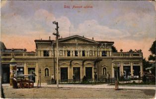 1916 Dés, Dej; Nemzeti színház, hirdetőoszlop, piac. Medgyesi és társa kiadása / theatre, advertising column, market (kopott sarkak / worn corners)