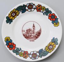 Hollóházi dísztányér, Győr témájú díszítéssel, jelzett, kis kopással, d: 18 cm