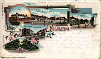 1904 Fogaras, Fagaras; vár, Ferenc József tér, Megyeház, Sterczing utca, Városliget. Szecessziós-virágos litho / castle, square, county hall, street, park. Art Nouveau, floral, litho (vágott / cut)