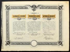 Budapest 1896. "Temesvár - Módosi Helyi Érdekü Vasut Részvénytársaság" elsőbbségi részvénye 200K-ról magyar, német és francia nyelven, szárazpecséttel és bélyegzésekkel, letéti jeggyel T:XF Hungary / Budapest 1896. "Local Interest Railway Share Company of Temesvár - Módos" priority share about 200 Korona, in Hungarian, German and French, with embossed stamp, overprint and deposit ticket C:XF