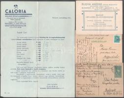 cca 1930 Caloria általános Fűtőanyagkereskedelmi Kft. és Rugyai András orvosi műszerész reklámlapja + 2 db levelezőlap