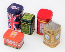 5 darab fém teás doboz, m: 9 cm alatt