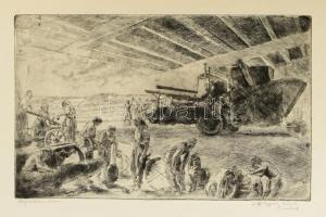 Aszódi Weil Erzsébet (1901-1976): Gépállomáson. Rézkarc, papír, jelzett, lap széle kissé foltos. 25×39 cm