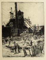 Aszódi Weil Erzsébet (1901-1976): Épül Dunaújváros. Rézkarc, papír, jelzett, lap egyik lapszél lyukasztott. 39×31 cm