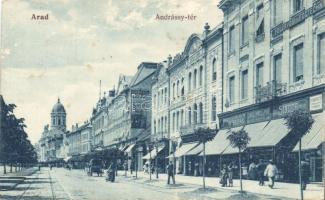 Arad Andrássy square with the boutique of Sándor Singer, the pharmacy of Árpád Hajós and dentist office (EB)