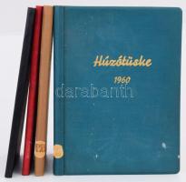 1960-1970 Húzótüske 4 száma (1960, 1962, 1966, 1970.) Humoros diáklap. A Húzótüske évkönyvet minden évben a végzős hallgatók készítették. Átkötött modern egészvászon-kötések, kopott borítóval.
