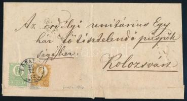 1872 Kőnyomat 3kr + Réznyomat 2kr vegyes bérmentesítésű levél "KŐHALOM / ERDÉLY" - "KOLOZSVÁR" (Gudlin 400 p)