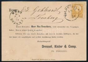 1873 Passauban előnyomott levelezőlap Réznyomat 2kr bérmentesítéssel, "KOLOZSVÁR" - "LEMBERG / LWÓW"