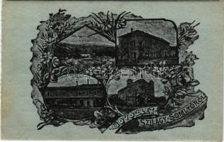 Szilágysomlyó, Simleu Silvaniei; Anna villa, Városi szálloda, Izraelita templom, zsinagóga, Csizmadia ipartársulat árucsarnoka és üzlete. Szecessziós-virágos keret / villa, hotel, synagogue, bootmaker company's warehouse and shop (EK)