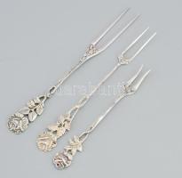 Ezüst(Ag) 3 db különböző rózsanyelű sajtvilla, h: 10,4; 12,9 és 13,9 cm, nettó: 30,8 g