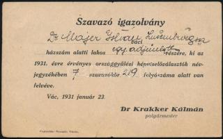 1931. jan. 23. Vác  Szavazó igazolvány Dr.Majer István (1887?1953) egyetemi adjunktus és váci lakos részére a 1931. évi országgyűlési képviselők választására. Majer István neves geológus és paleontológus a Budapesti Tudományegyetemen volt adjunktus Papp Károly geológus mellett. Az igazolványt kiállító polgármester Karay-Krakker Kálmán 1920 és 1924 között Pest vármegye Vác járásának főszolgabírójaként tevékenykedett, majd 1922 és 1926 között Vác városának országgyűlési képviselője volt.  1924-ben Vác polgármesterévé választották, és ezt a tisztséget 1935-ig töltötte be. 1935 és 1936 között Pest-Pilis-Solt-Kiskun vármegye főispáni posztját látta el. Az igazolvány hátulján ceruzával írott feljegyzések.