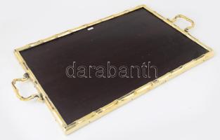 Nagyméretű bambusz mintás rézkeretes tálca, fa betéttel, 69x39