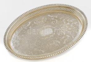 Angol ezüstözött réz tálca, jelzett, repedéssel, 47x33 cm