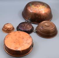 5 darab antik vörösréz sütőforma és konyhai edény, d: 26 cm alatt