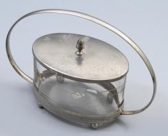 Art deco bonbonier, 4 gömb lábon, eredeti csiszolt üvegbetéttel, jelzés nélkül, 24x16 cm