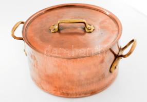 Nagyméretű antik vörösréz fazék fedővel, d: 28 cm, m: 15 cm
