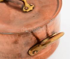Nagyméretű antik vörösréz fazék fedővel, d: 28 cm, m: 15 cm